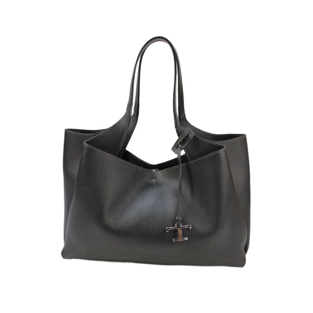 Tods Womens Double Handle Grained Leather Large Tote Handbag Black